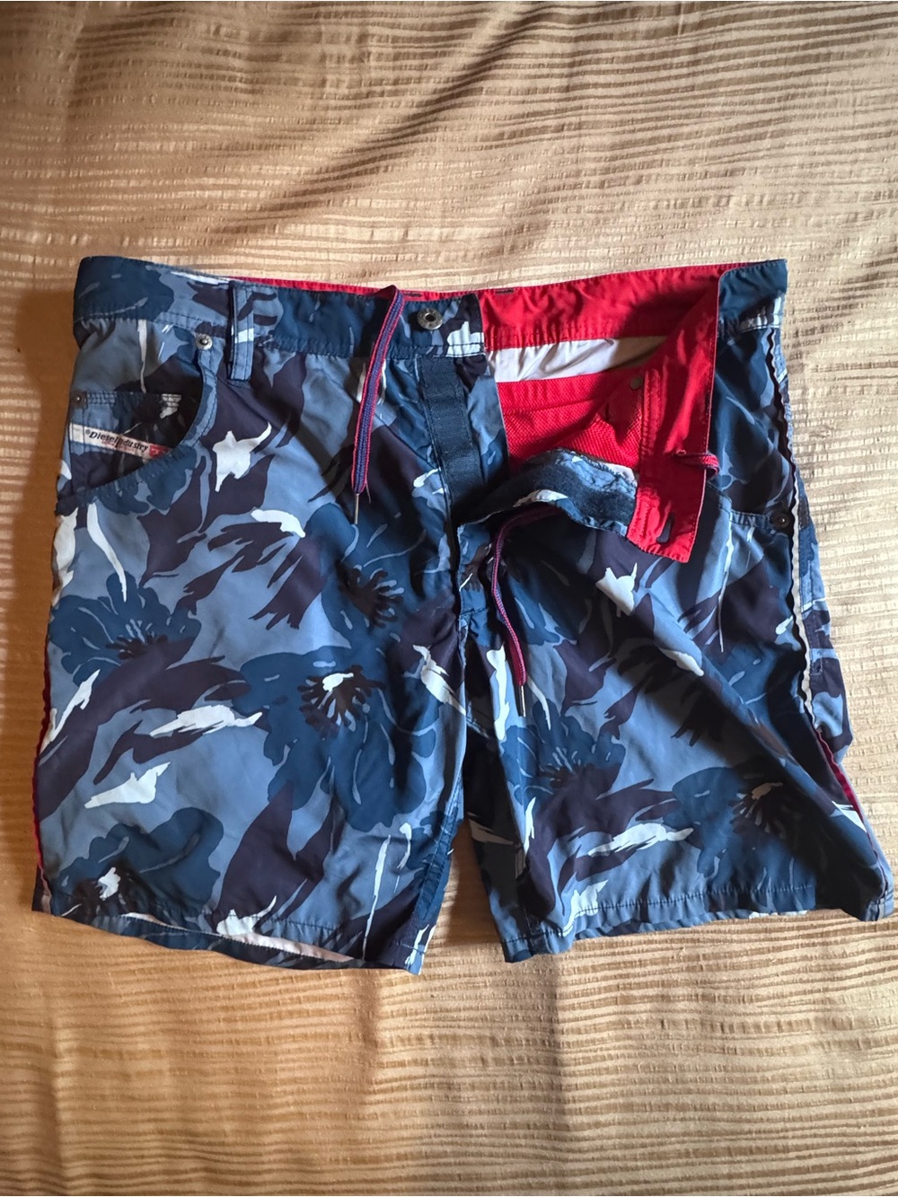 Diesel Men's Blue Floral Swim Shorts with Red Lining